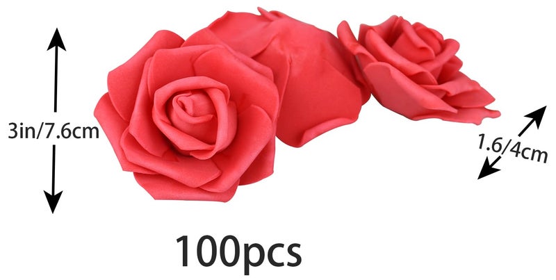Lightingsky 3 x 1.6 x 3 inches 100pcs DIY Real Touch 3D Artificial Foam Rose Head Without Stem for Wedding Party Home Decoration (Red) - Image 2
